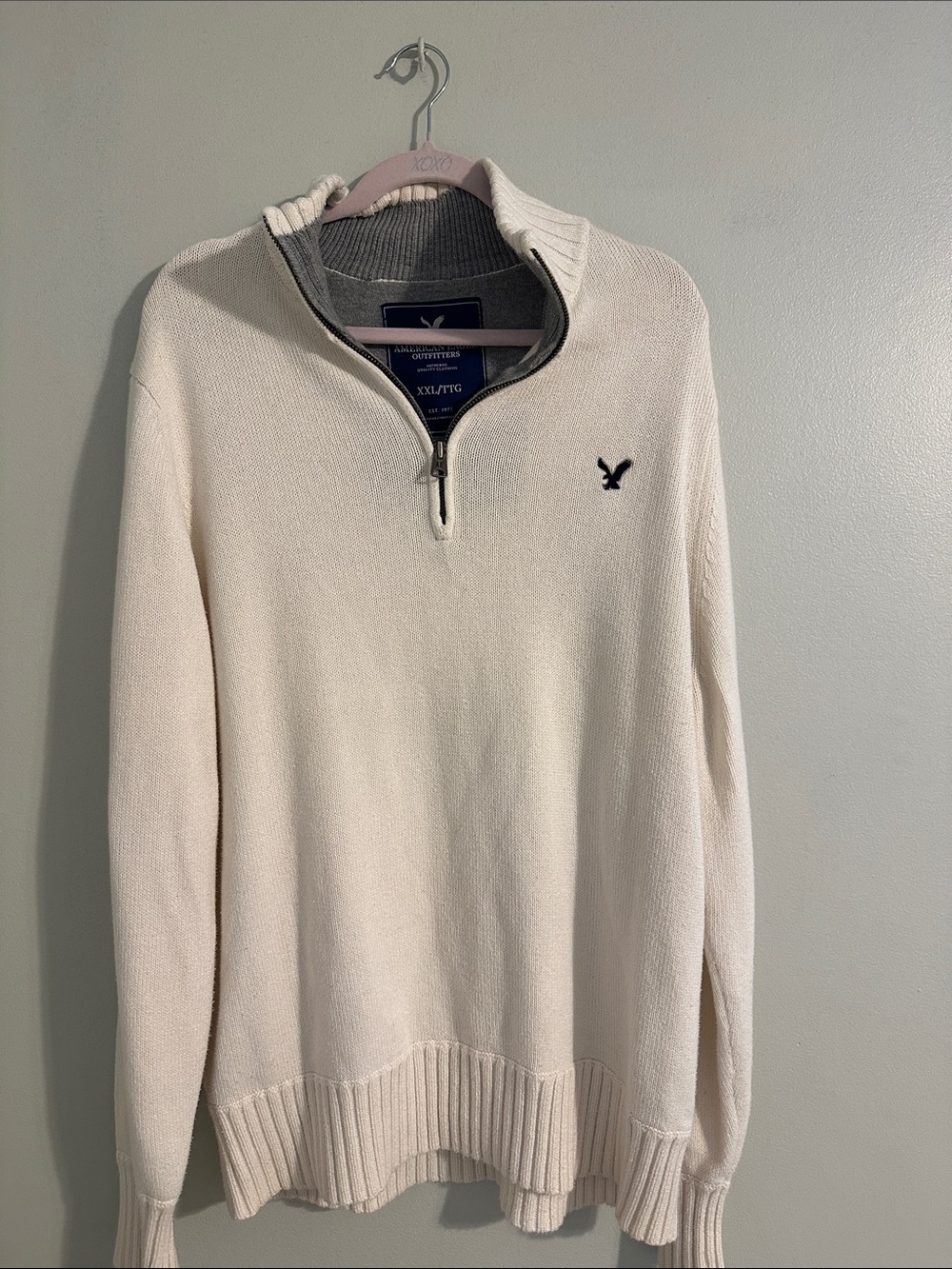 American Eagle Outfitters Cream Half-Zip Sweater with Navy Logo